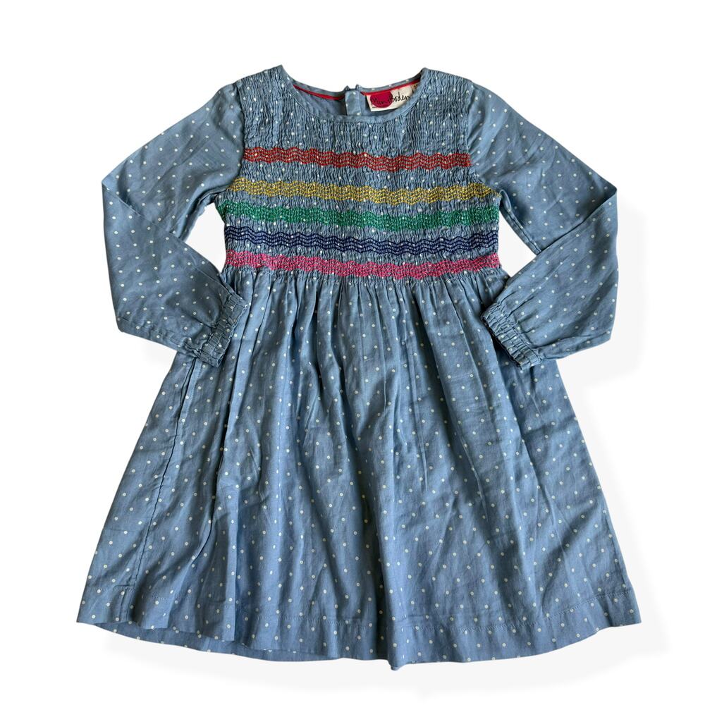 Mini Boden Girls 5-6 Blue Polka Dot Smocked Dress Rainbow Embroidery Cotton EUC